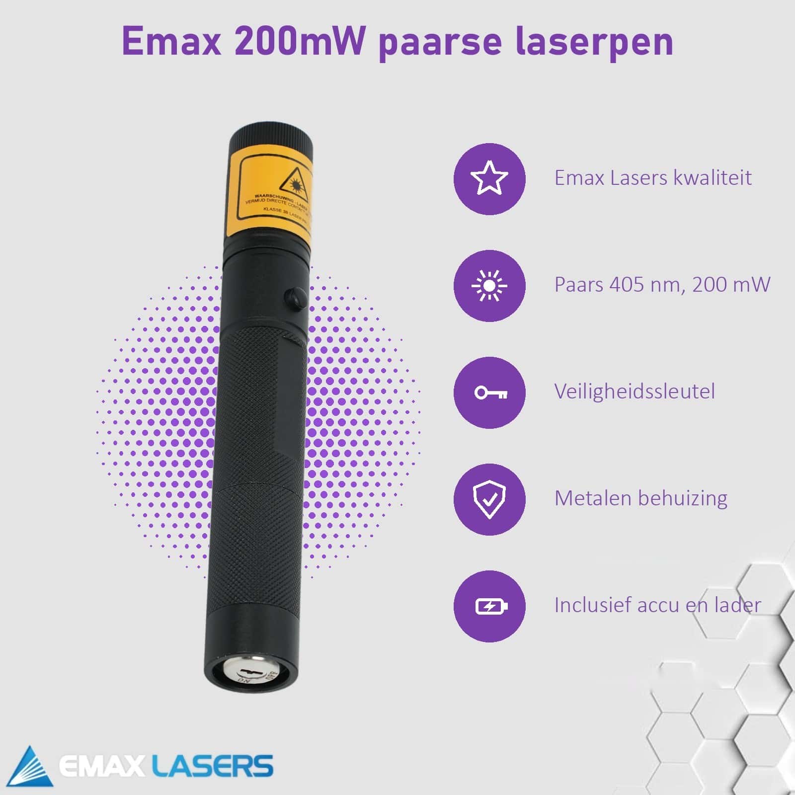 Kenmerken van de 200 mW paarse laserpointer van Emax Lasers