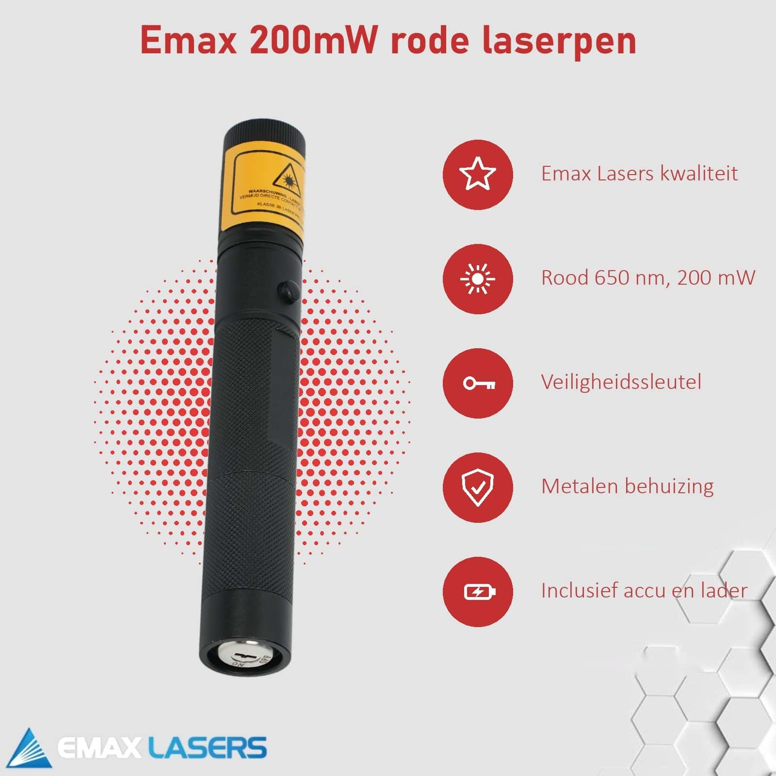 Kenmerken van de 200 mW rode laserpointer van Emax Lasers