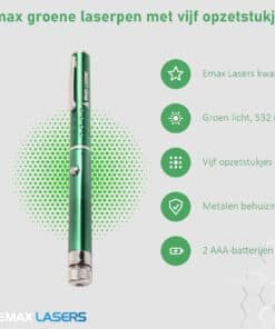 Kenmerken van de Emax groene laserpen met vijf opzetstukjes