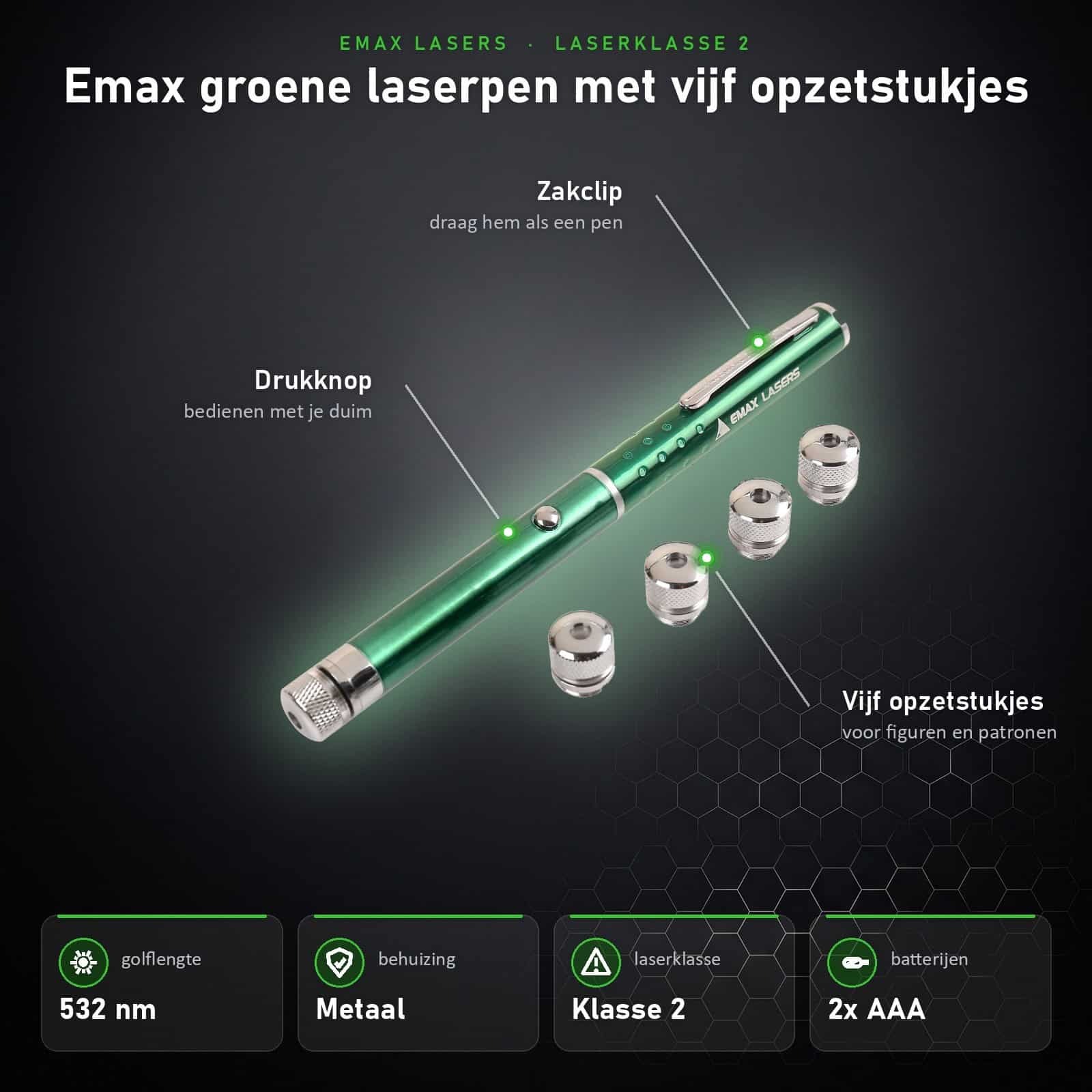 Infographic Emax groene laserpen met vijf opzetstukjes: onderdelen en specificaties
