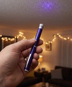 Emax paarse laserpen met vijf opzetstukjes: figuren op het plafond tijdens een feestje
