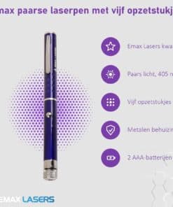 Kenmerken van de Emax paarse laserpen met vijf opzetstukjes