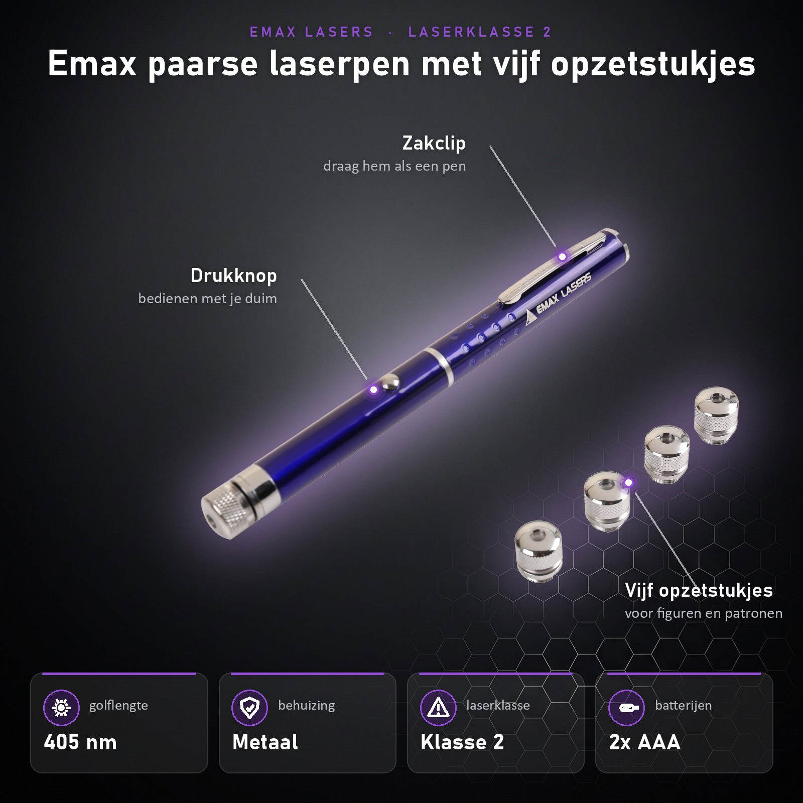 Infographic Emax paarse laserpen met vijf opzetstukjes: onderdelen en specificaties