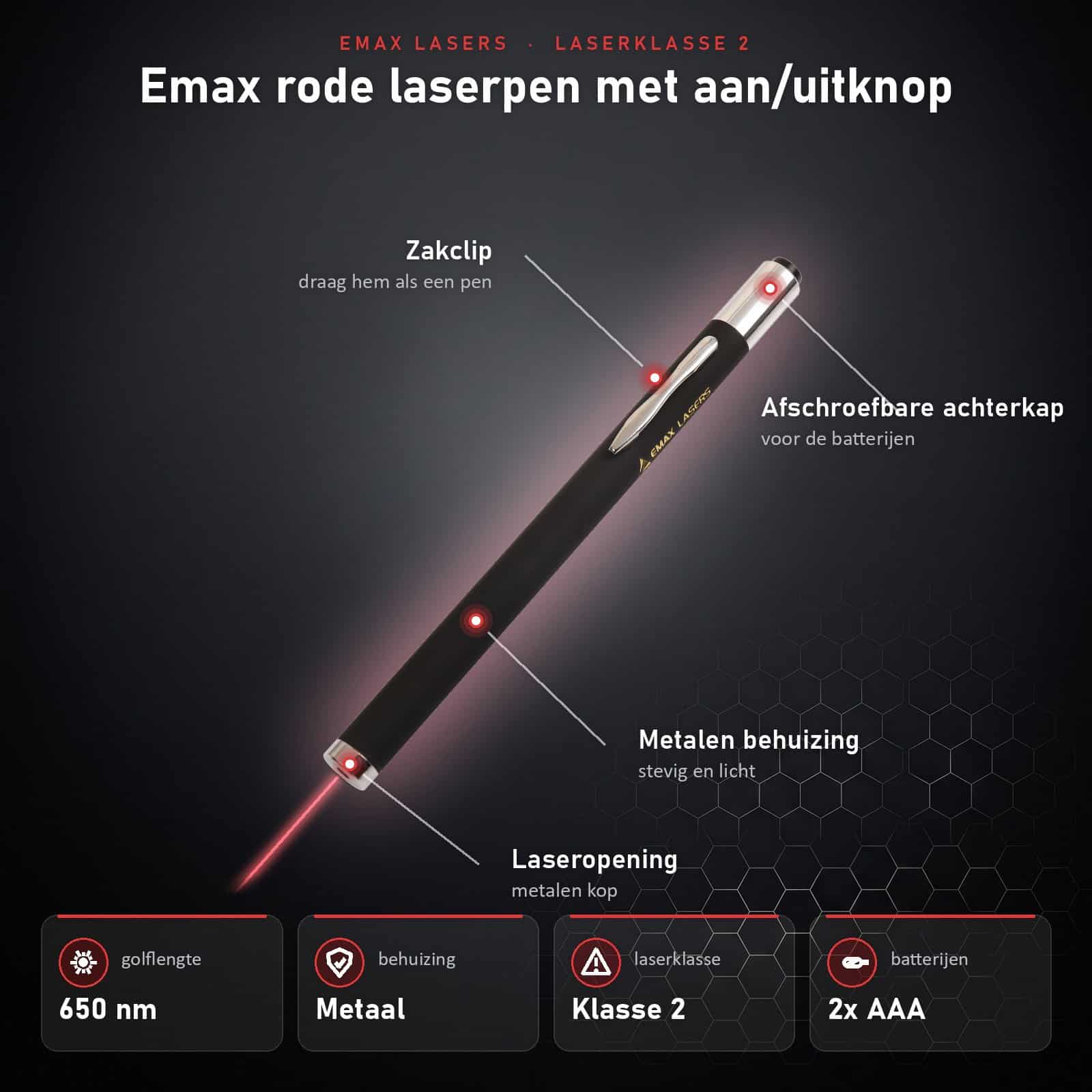 Infographic Emax rode laserpen met aan/uitknop: onderdelen en specificaties