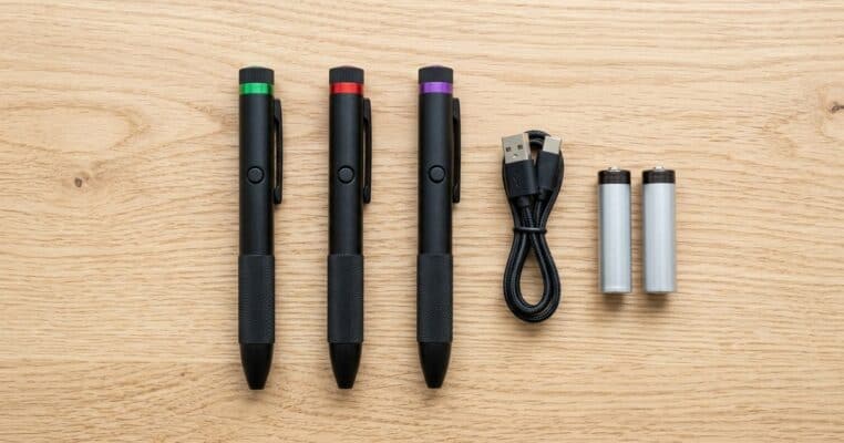 Drie laserpennen in groen, rood en paars naast een oplaadkabel en twee accu s