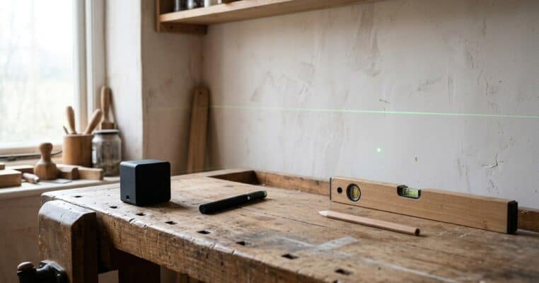 Lijnlaser die een dunne groene lijn op een muur projecteert naast een laserpen met een enkele stip
