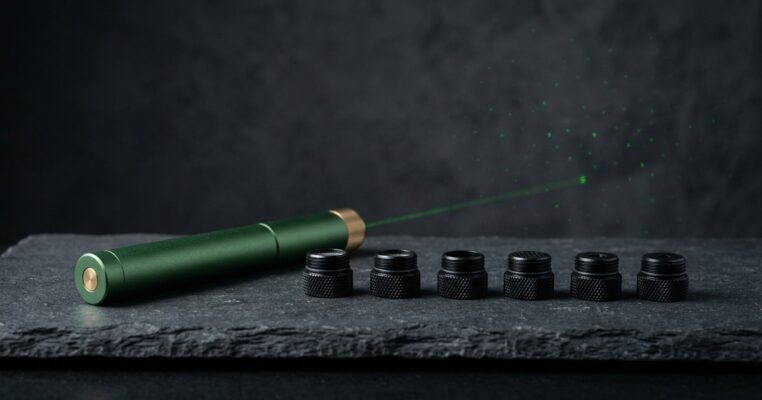 Groene laserpen met losse opzetstukjes die een sterrenpatroon projecteren