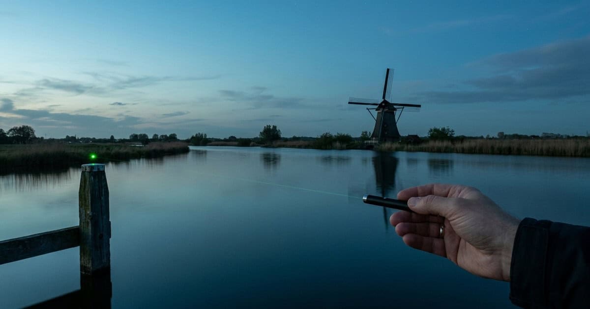 Laserpen bij een polderplas in de schemering, met de groene stip op een meerpaal aan de overkant