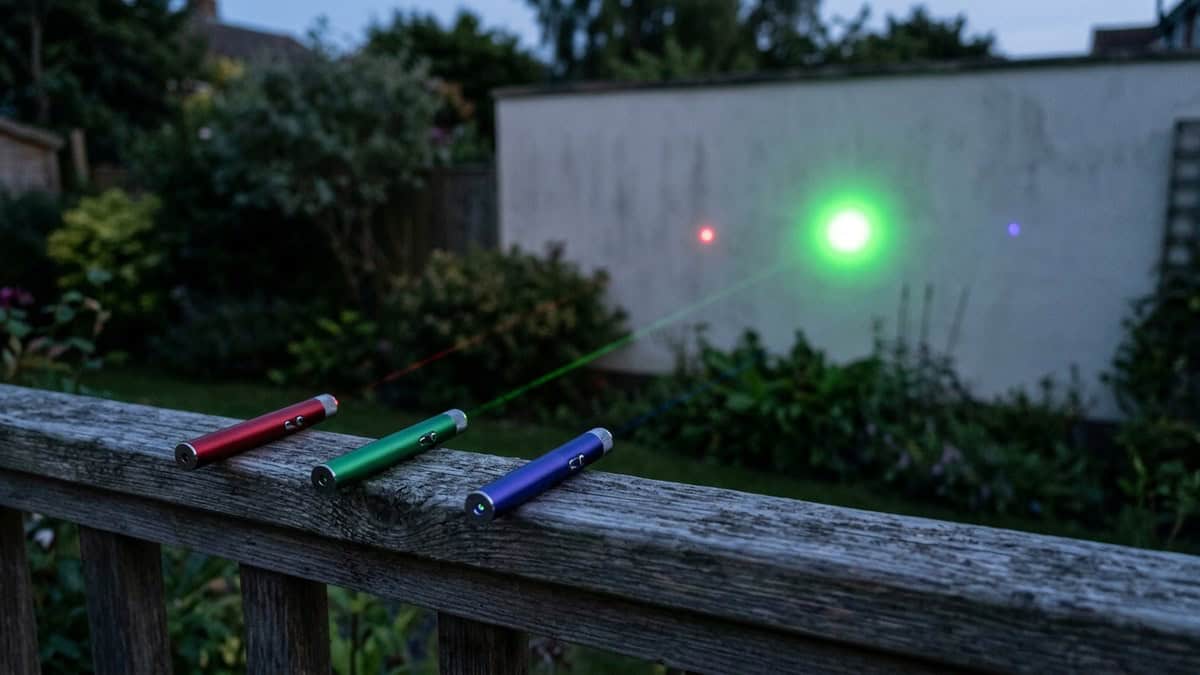 Rode, groene en paarse laserstip naast elkaar op een tuinmuur in de schemering, waarbij de groene stip het felst oplicht