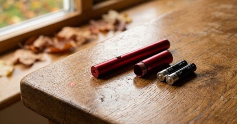 Rode laserpen naast twee AAA-batterijen en de losgedraaide dop op een houten tafel