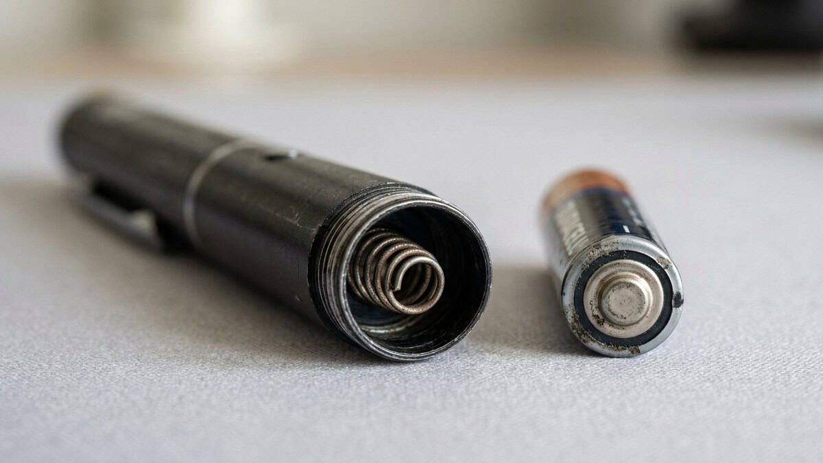 Open batterijvak van een laserpen met het contactveertje in beeld