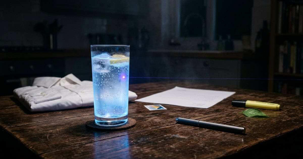 Paarse laserpen op een donkere tafel naast een glas tonic dat blauw oplicht