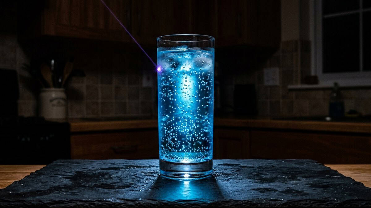 Glas tonic dat helderblauw oplicht in een donkere keuken onder violet licht van 405 nm
