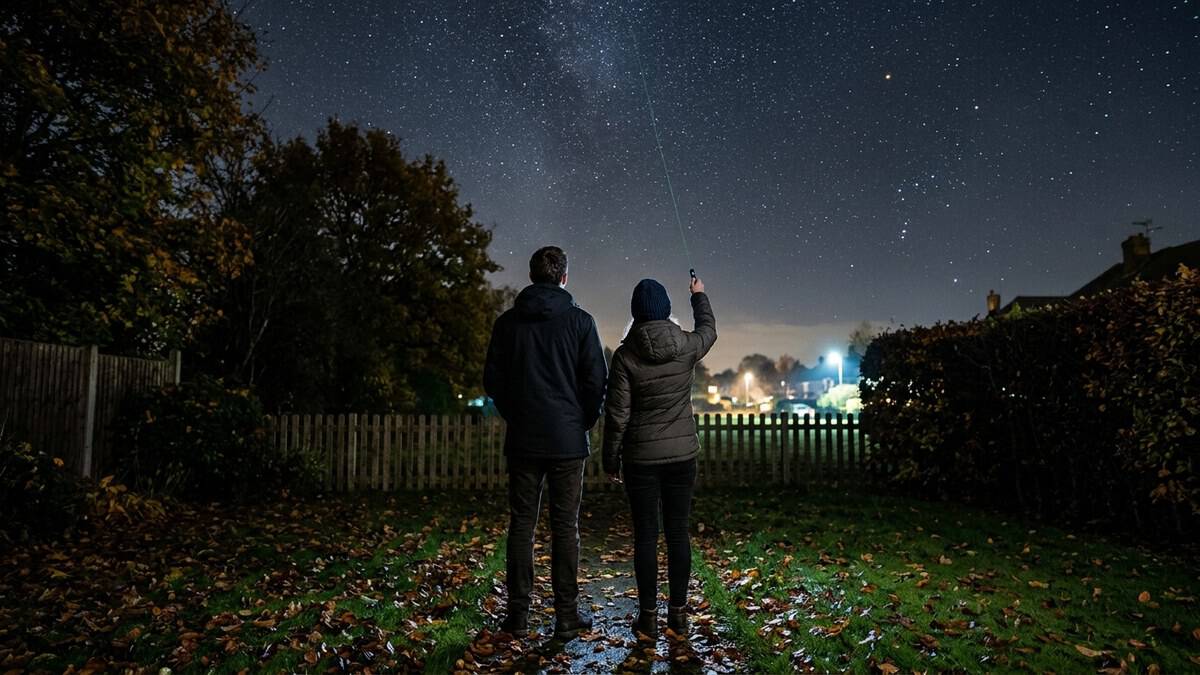 Twee mensen naast elkaar in een tuin in de herfst, waarbij een dunne groene straal omhoog wijst naar een groepje sterren
